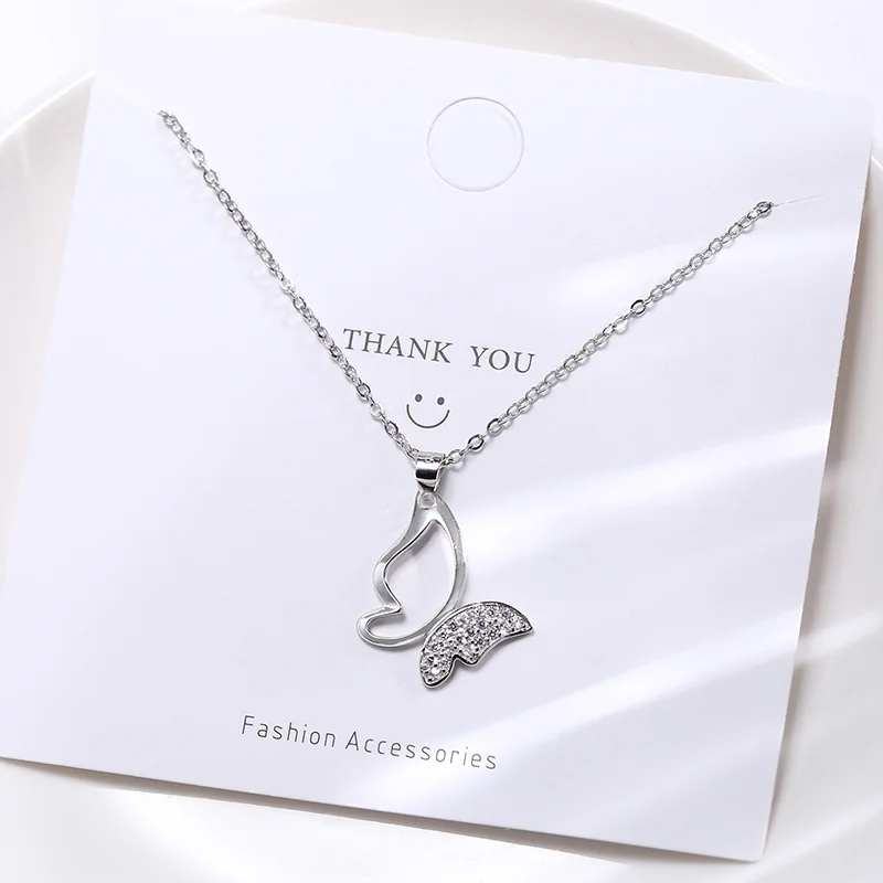 JEWELS 925 Sterling Silver Hollow Butterfly Pendant Necklace Half Pave Clear Zircon Valentine Anniversary Exquisite Gift Jewelry