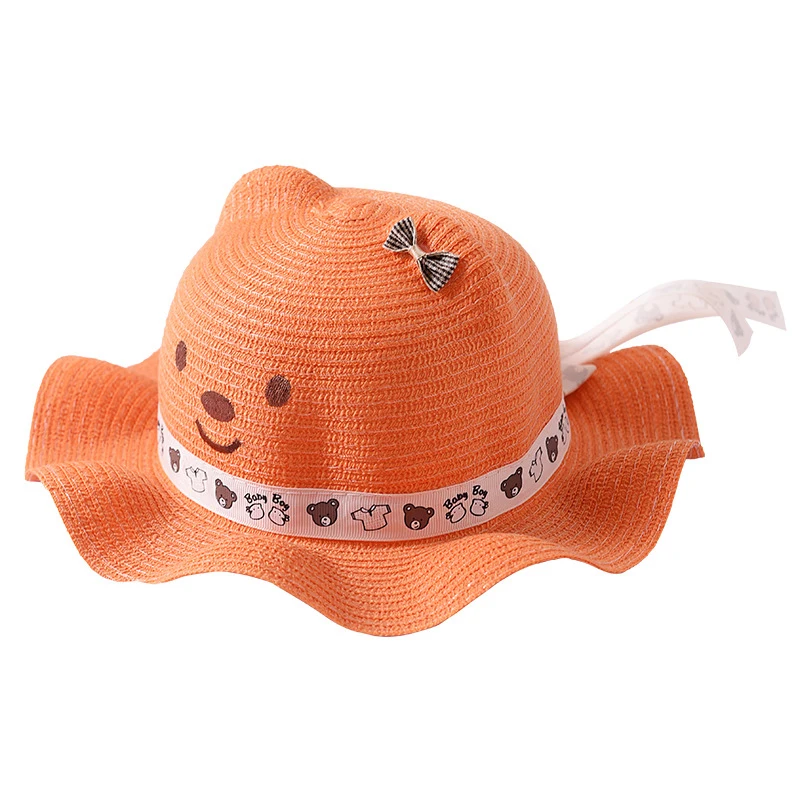 New Fashion Baby Girl Boy Straw Hat Lovely Cartoon Children Solid Floppy Bear Pattern Ears Decor Cap Summer Kids Sun Hats