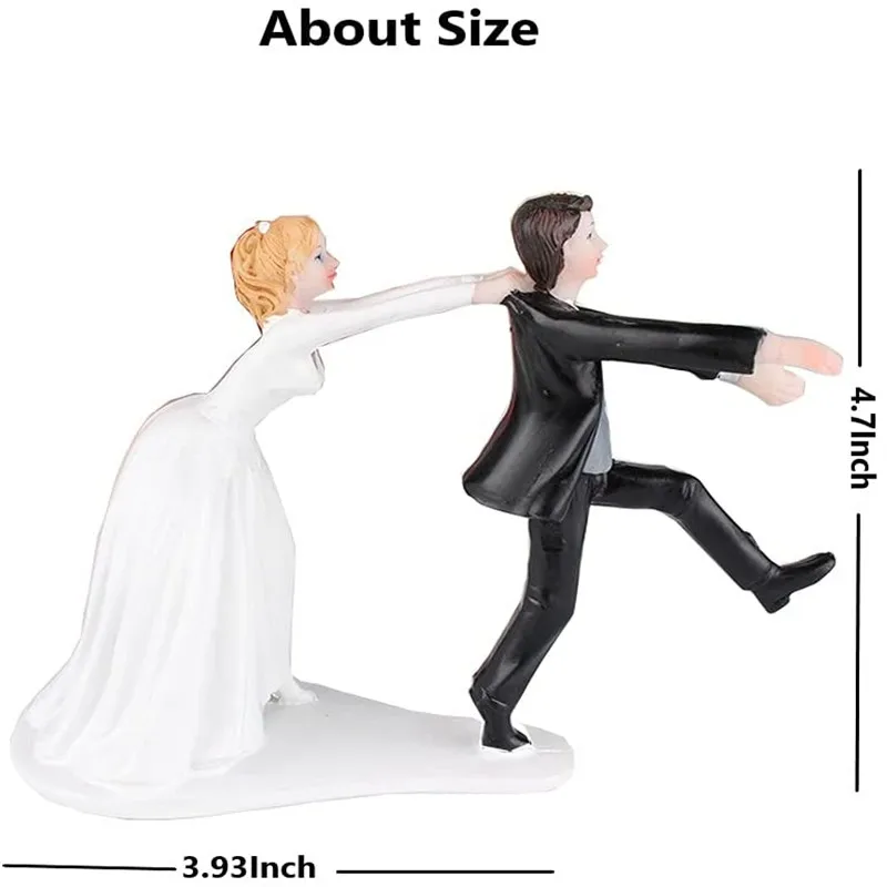 Synthetic Resin Bride and Groom Wedding Cake Topper, Funny Resin Reluctant and Run Away Groom Bridal Show Stand Cake Topper