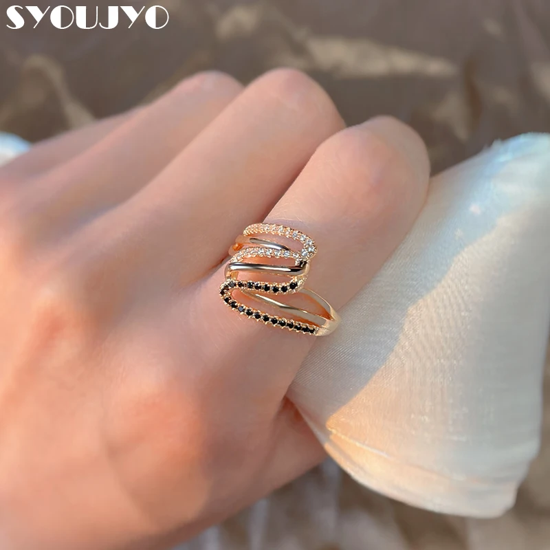 SYOUJYO Luxury White & Black Natural Zircon Ring For Women Fashion Overlap Design Rose Gold Color Jewelry Wedding Party Gifts