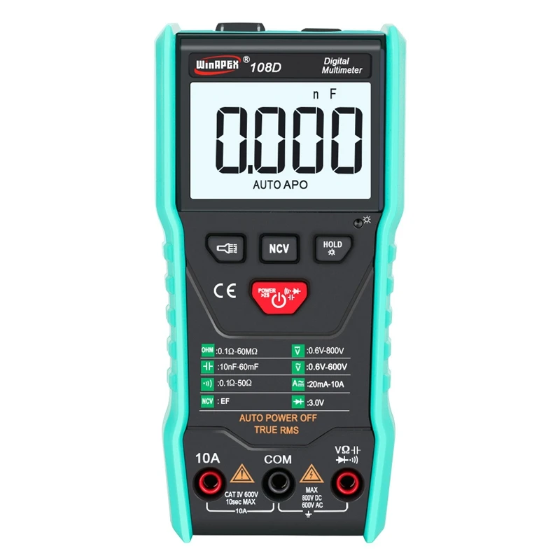 Winapex 108D multimetro digitale Auto True RMS 5999 misurazione AC/DC tensione corrente Ohm NCV misuratore di capacità torcia retroilluminata