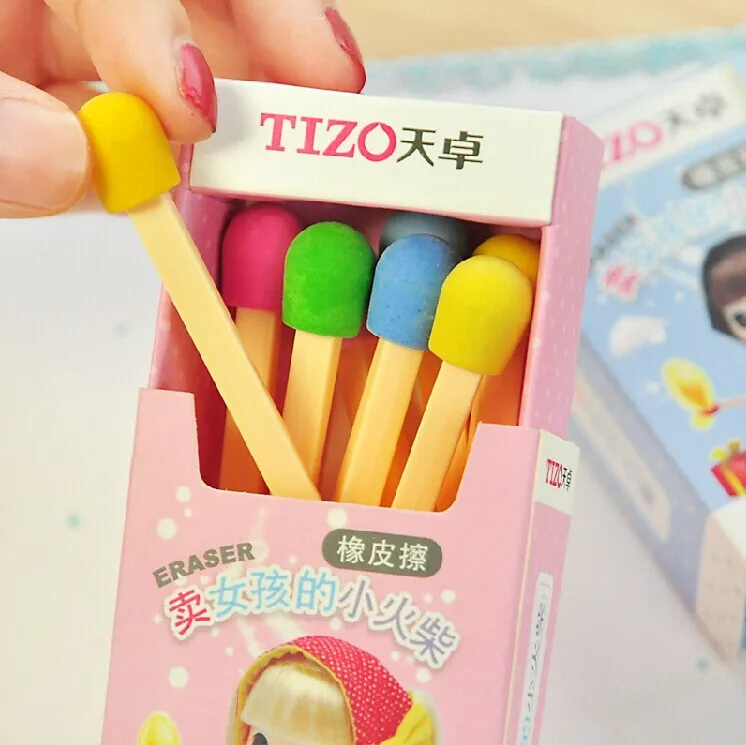 8 pcs/pack Cute Kawaii Matches Eraser Lovely Colored Eraser for Kids Students Kids Creative Item Gift