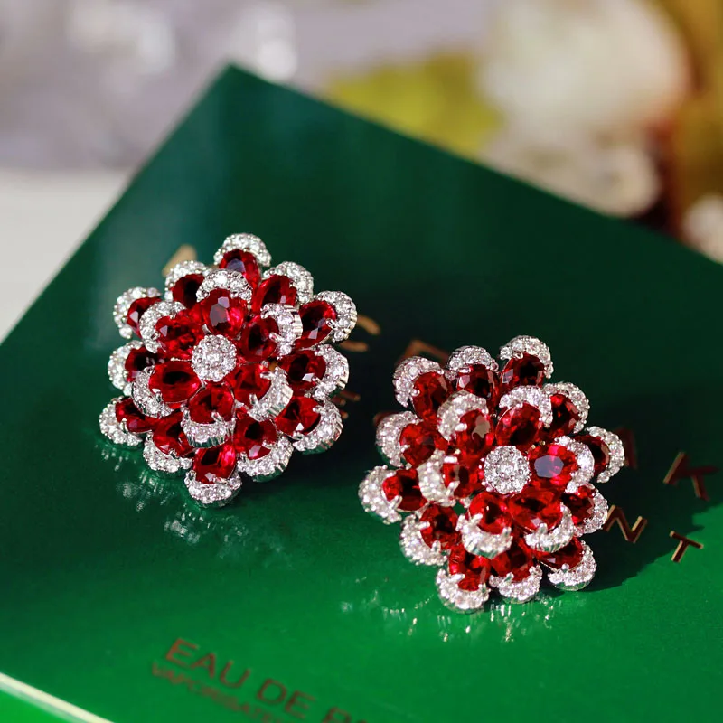 Trendy Gorgeous White gold color 3D Big Multilayer flower Red Stone Stud Earrings Women Gift For Female Jewelry Wedding Party