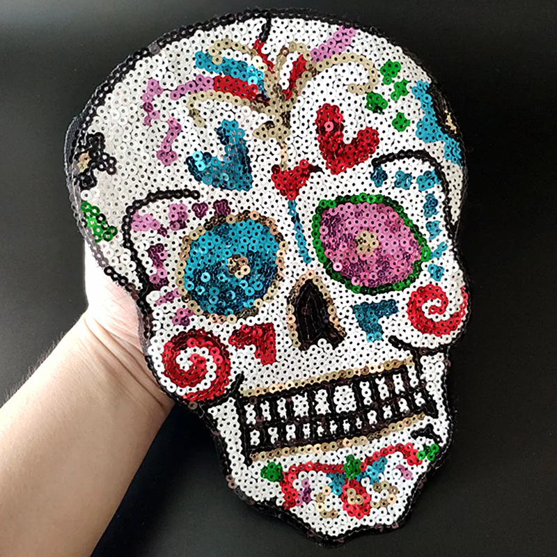 26CM Skull head Patches For Clothing Sequins Biker Badge Embroidery Fabric Patch Sequined Women Clothes Stickers Strange things