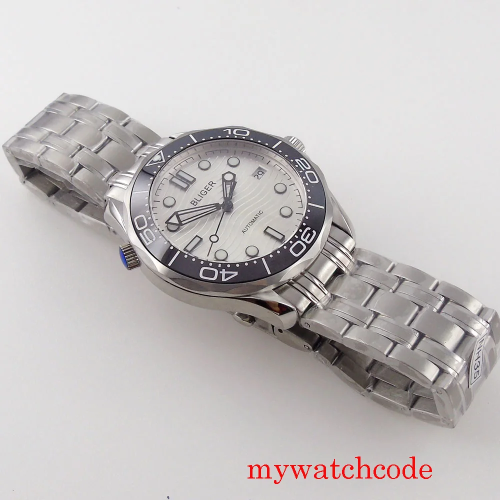 Bliger คุณภาพสูง24 Jewels NH35อัตโนมัติ41มม.นาฬิกาผู้ชายสีขาว Dial Sapphire คริสตัลสายข้อมือโลหะตัวบ่งชี้วันที่