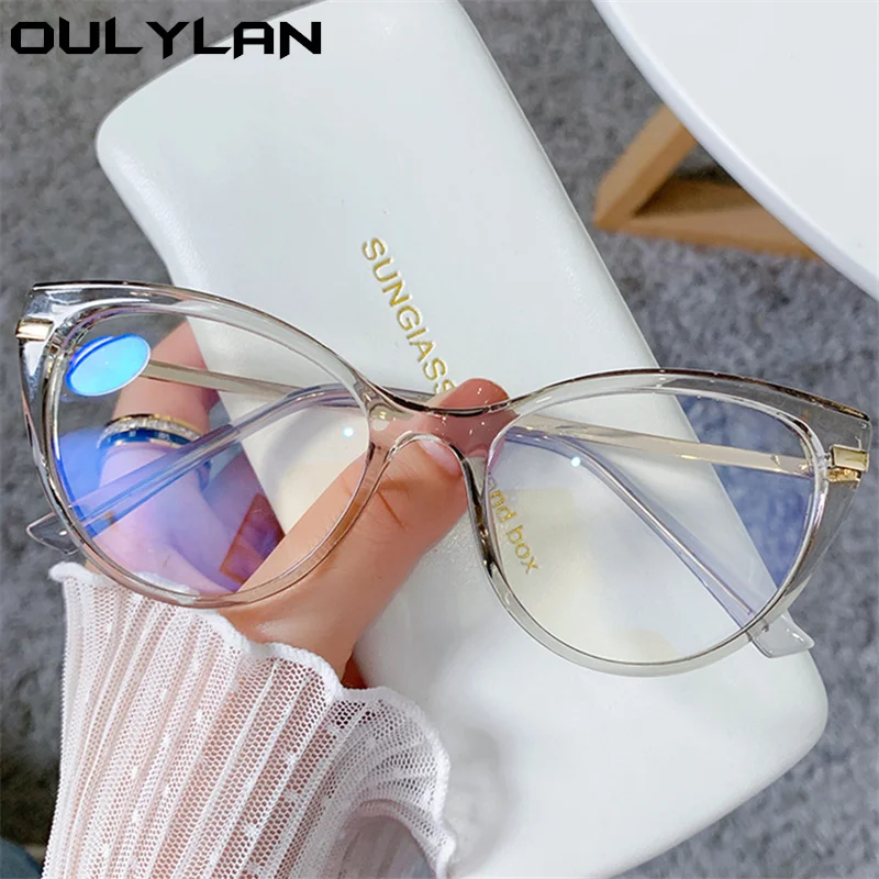 Oulylan Blue Light Llocking Glasses Frame Women Sexy Cat Eye Spectacle Frames Vintage TR90 Metal Transparent Eyeglasses Men