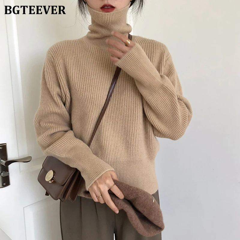 

BGTEEVER Casual Loose Women Knitted Turtleneck Pullovers Jumpers Autumn Winter Ladies Knitwear Long Sleeve Female Sweaters 2021