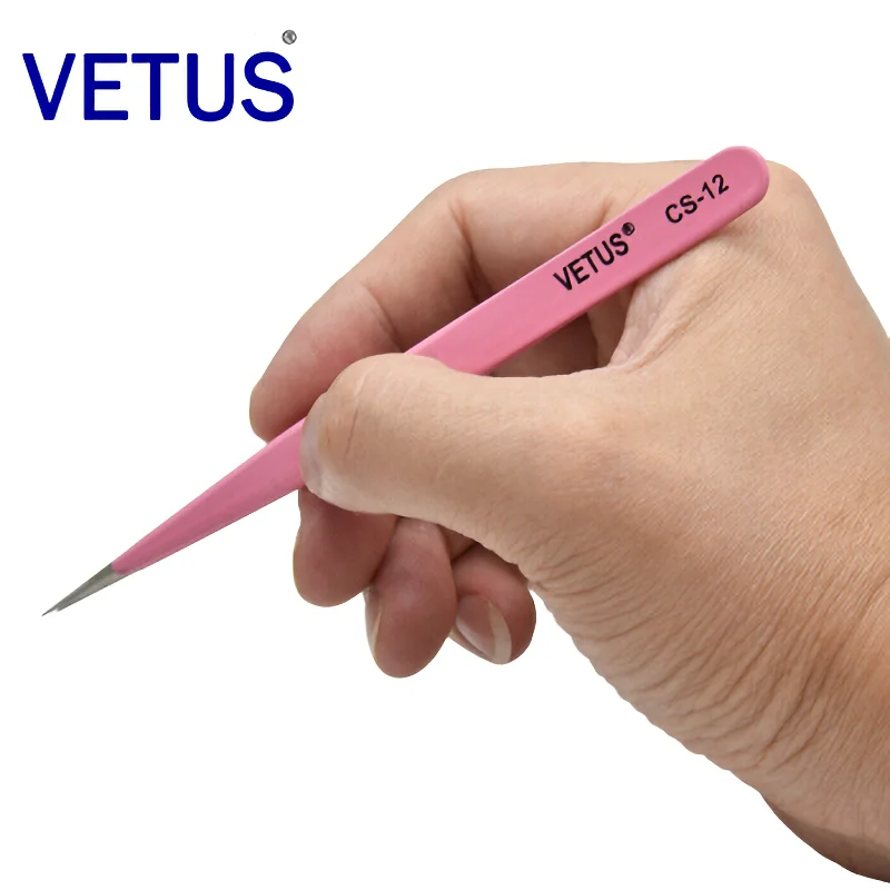 VETUS CS-12 Pink Tweezers Anti -acid Anti-alkali Corrosion-resistant ESD Anti-Static Pincers Eyelash Grafting Blooming Tool