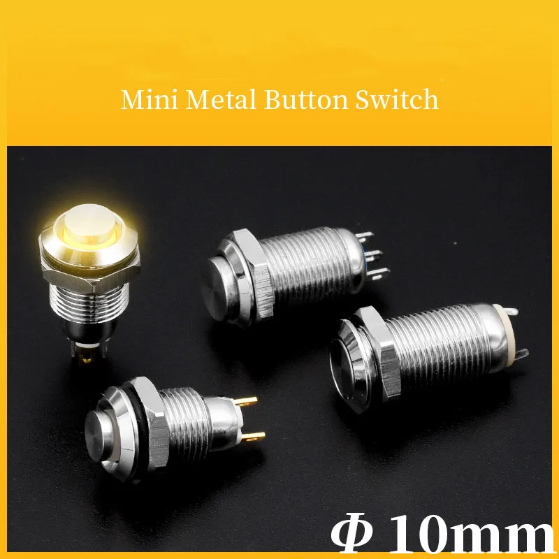 New 1pc Mini 10MM 2pin Panel Hole Metal Button Switch Power Push Button High Head Self Reset Soldering IP67 1NO