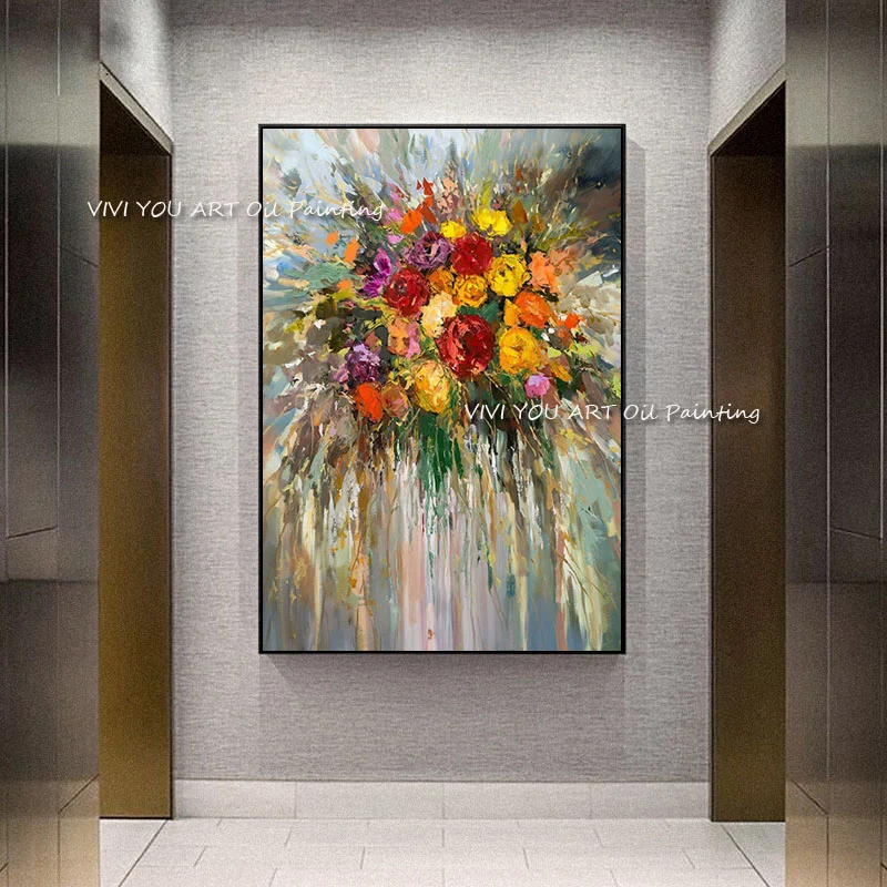 Hand Painted Colorful Flower Bouquet Oil Painting, Palette Knife Floral Vertical Canvas Living Room Wall Decor Art