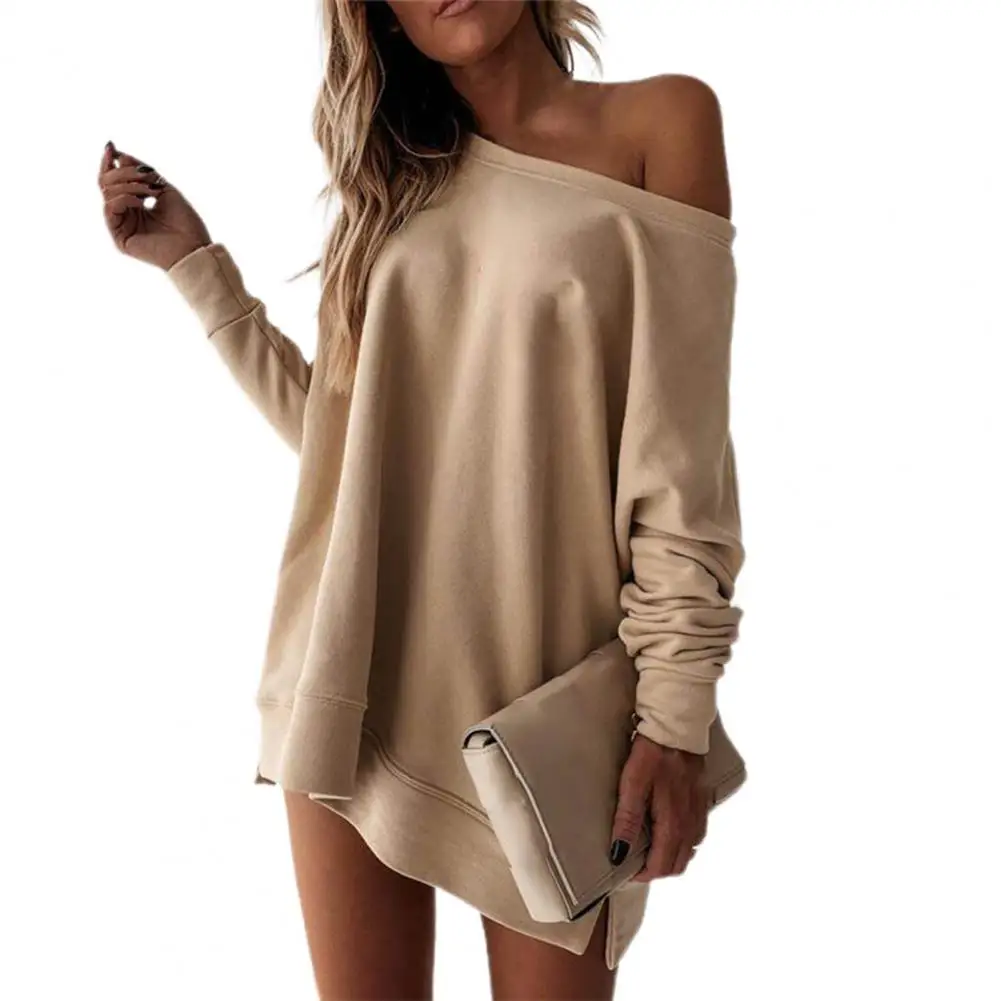 Streetwear  Chic One Off Shoulder Long Sleeve Sweatshirt Warm Oversized Sweatshirt Pure Color   for Daily Life