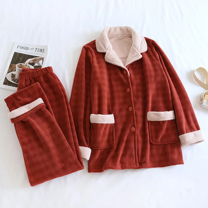 Couple Winter Pajama Set Thick Warm Flannel Homewear Plus Velvet Lounge Wear Female Home Service Clothes Suit Long-sleeve Pijama