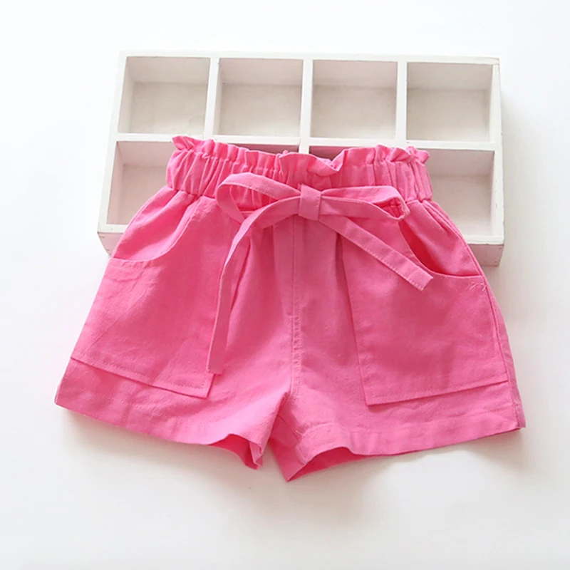 2-7Y Summer Girls Shorts Kids Shorts Candy Color Girls Children Clothes Bow Beach Loose Shorts Casual Pants Linen Comfortable