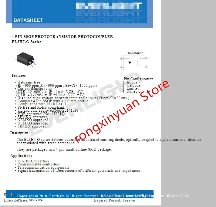 EL3H7(B)(TA)-G Marquage: EL3H7 SOP-4 EL3H7(B)(TA) EL3H7(B) 4 Broches SSOP PHOTONATO SISTOR PHOTOCOUPLER 100% Nouveau Original
