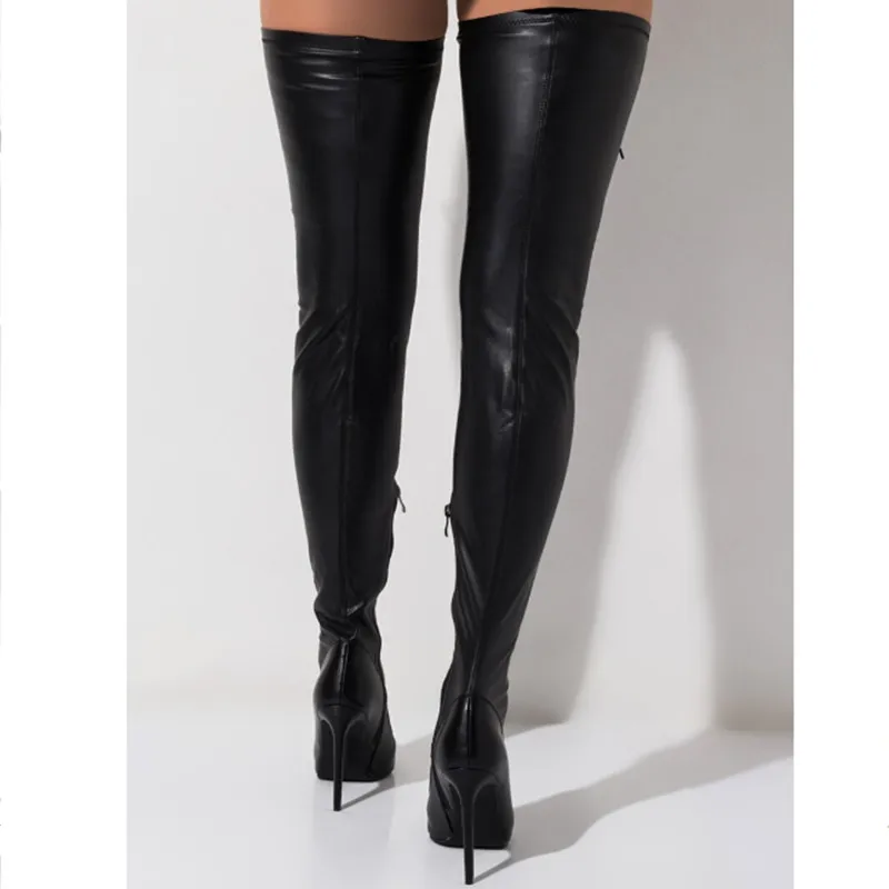 2020 Lace-Up Sexy Women Leather Thigh High Boots Autumn Winter Pointed Toe Stiletto Knight Boots Black Side Zip High Heels Shoes