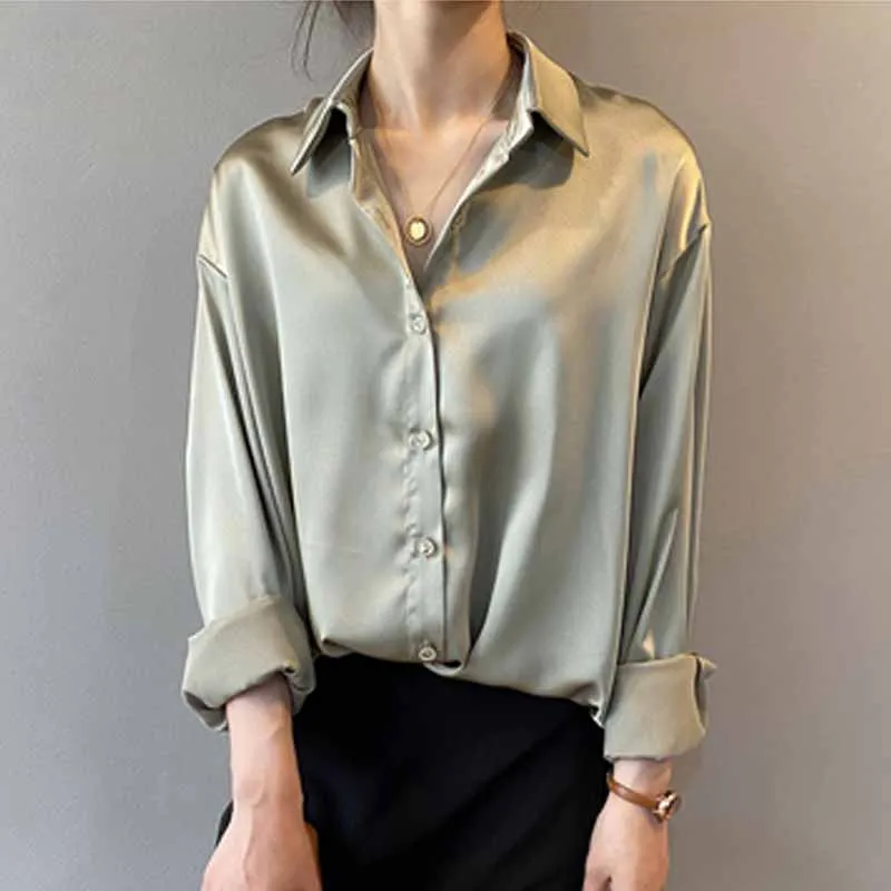 Vintage Elegant Office Ladies Solid Satin Shirts 2020 Fashion Women Blouses New Long Sleeve Turn Down Collar Loose Tops 12534