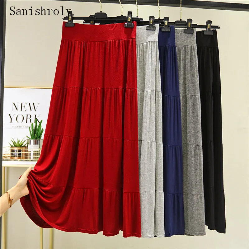 2022 Summer Autumn Women Long A Line Pleated Skirts Solid Elastic High Waist Modal Skirt Female Big Swing Maxi Skirt Saia SE1236