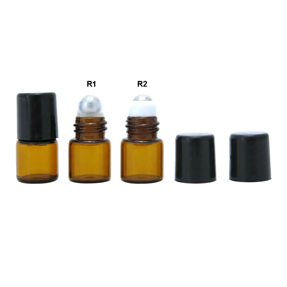 1000 x 1 ml hervulbare lege mini glazen roll-on fles 1cc amber monstertest etherische olieflesjes met roller metalen bal