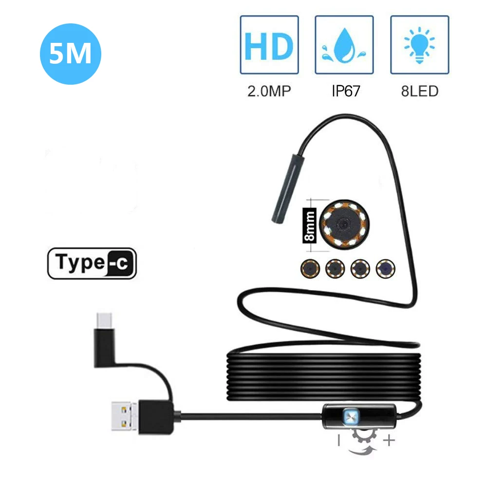 

3In1 USB Endoscope Hard Cable 2M 1200P Borescope Inspection Camera for Android Type-c PC Waterproof Snake Camera 2/3.5/5M