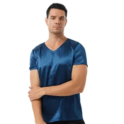 Men Male V Neck Short Sleeve Satin Casual T-Shirt Loose Pajamas Tops Tees Solid Color T Shirt Loungewear Sleepwear Nightwear