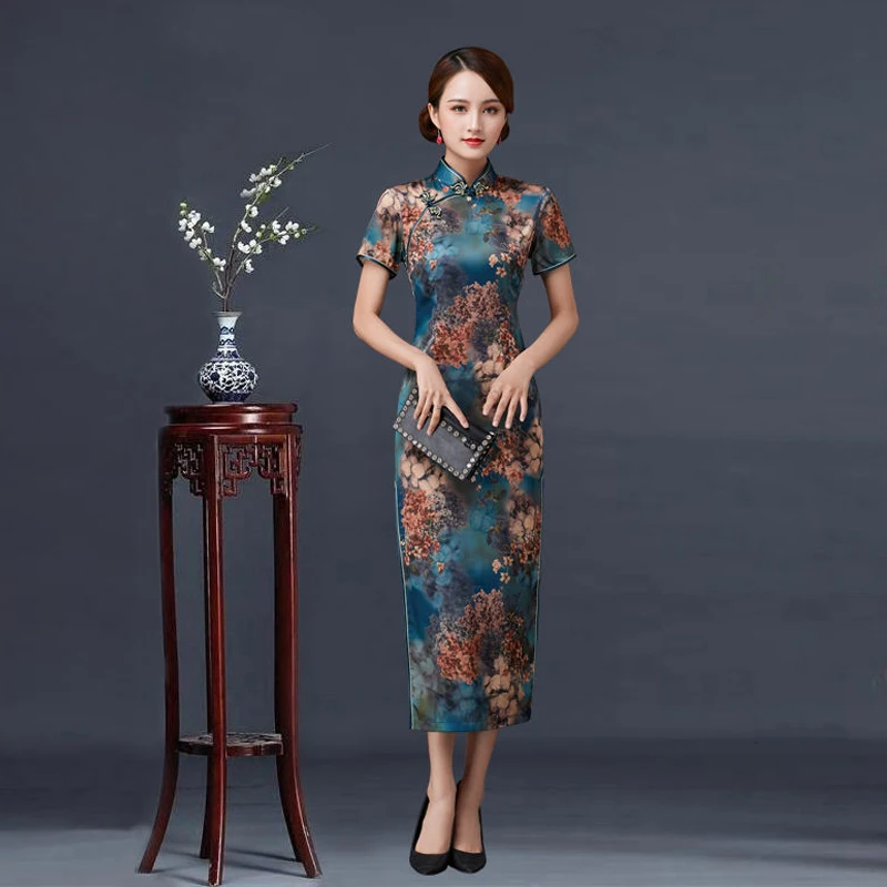 Vintage Floral Print Dress New Asia Chinese Style Qipao Long Middle Aged Mother Cheongsam Mandarin Collar Sexy Banquet Party