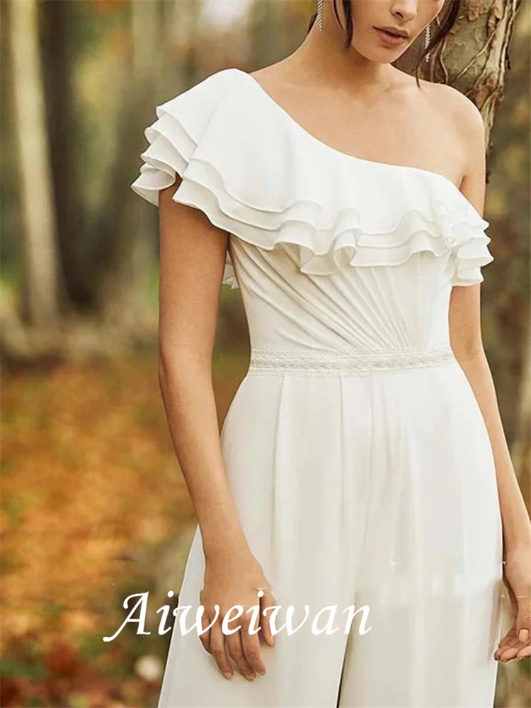 Tute abiti da sposa una spalla lunghezza pavimento Chiffon senza maniche semplice Vintage con pieghe increspature 2021