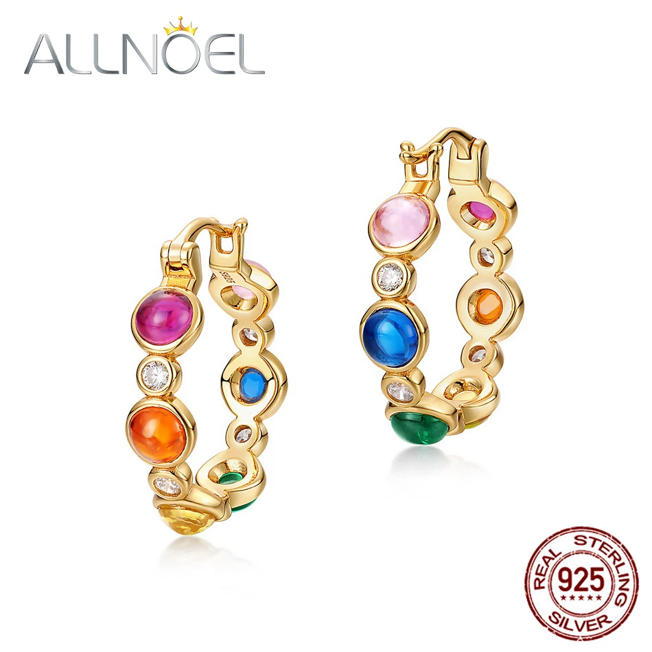 ALLNOEL 925 Sterling Silver Hoop Earrings Woman Plated Gold Colorful Red Corundum Blue Spinel Green Zircon Rainbow Fine Jewelry