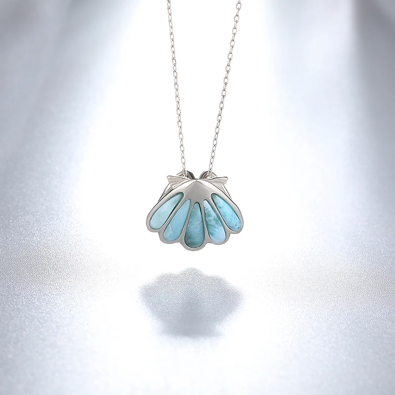 Shell Design 925 Sterling Silver Jewelry Gifts Classic Retro Precious Natural Larimar Pendant Necklace