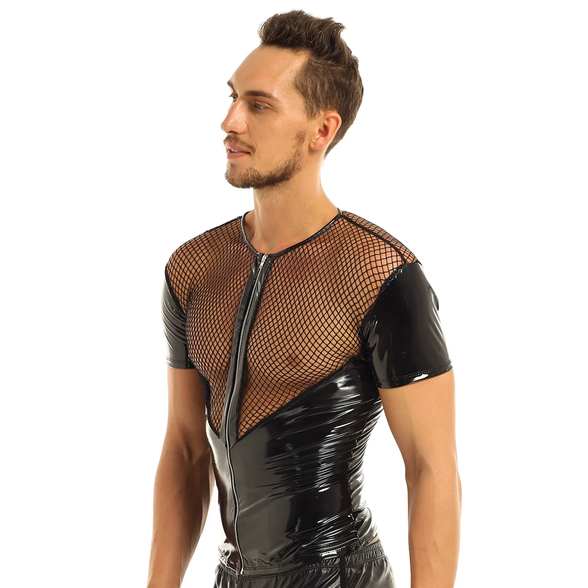 Mens Fishnet Splice Short Sleeve Shirt Tops Wetlook Gothic Punk Clubwear Patent Leather Clubwear Stage Night Costumes T-shirt