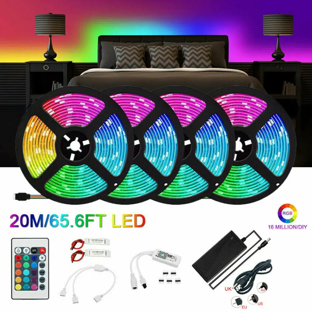 

65ft 20M 4rolls 5050 DC12V RGB 600LEDs LED strip with 12V 10A LED Power +24key WiFi controller work with Alexa Smart Home