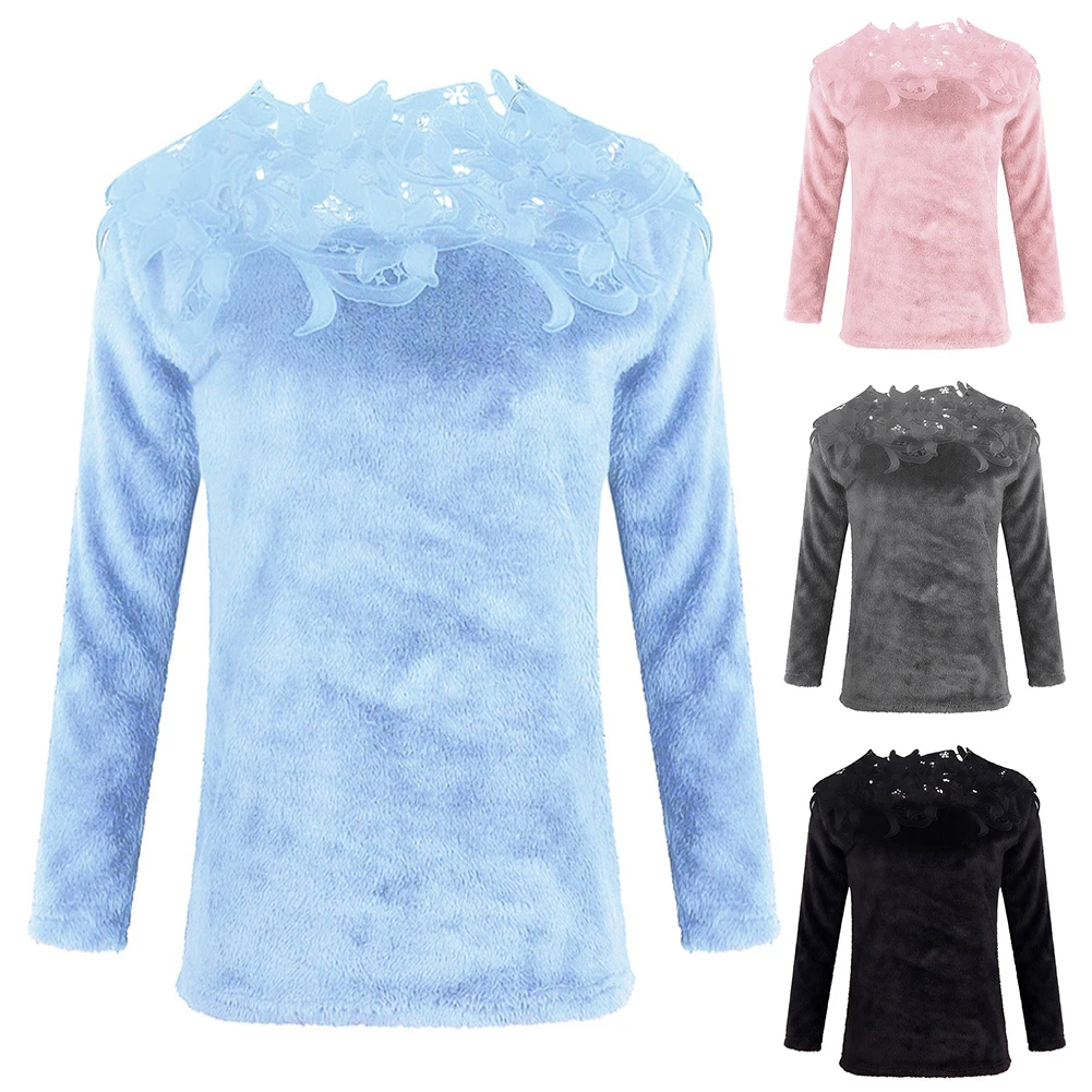 sweater Autumn and winter ladies lace stitching solid color long-sleeved sweater pullover top