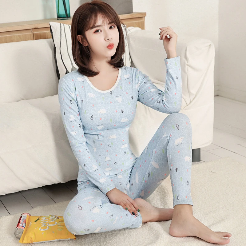 Ladies pajamas set printed thermal underwear autumn clothes sleepwear round neck body-sculpting soft home wear nightwear new