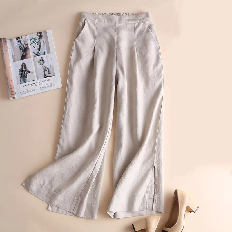 

2021 Spring/Summer Women Pants Elastic High Waist Casual Pants Women Cotton And Linen Wide-leg Pants Straight Cropped Trousers