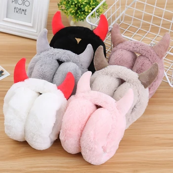 Orelha muff earmuff orelha mais quente com chifres para mulheres meninas inverno da pele do falso presentes ajustável dobrável