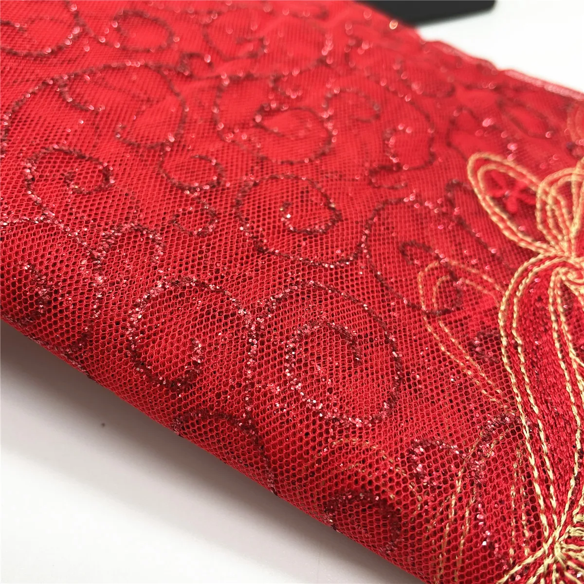3y/lot Width 7 inch (18cm) Red With Metallic Shiny Embroidery Lace Trim For Skirt Hem Clothes Sewing Material DIY Apparel Fabric