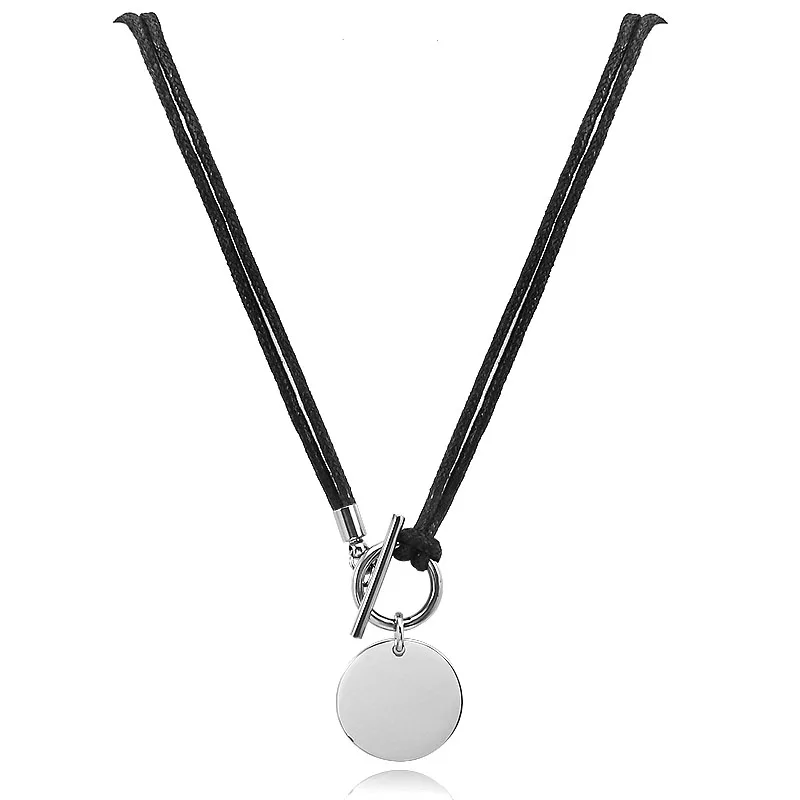 Women Genuine Leather Wax Cord Choker Necklace Stainless Steel Round Pendant Necklace Silver Color Lock Customed Name Necklace