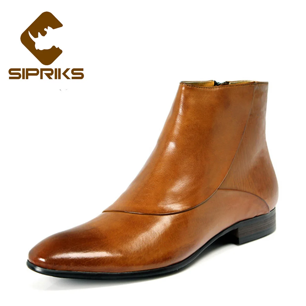 Sipriks Mens Cowboy Boots Brown Leather Zip Boots Euro Size 44 Boss Footwear Shoes Black Ankle Boots Formal Gents Suit Social