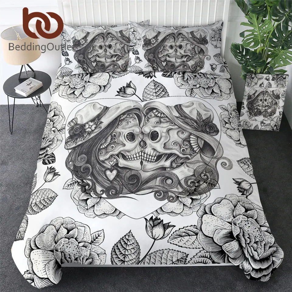

BeddingOutlet Skull Bedding Set King Top Rated Boy Gothic Duvet Cover 3pcs Couples Vintage Bedclothes Floral Double Love Bed Set
