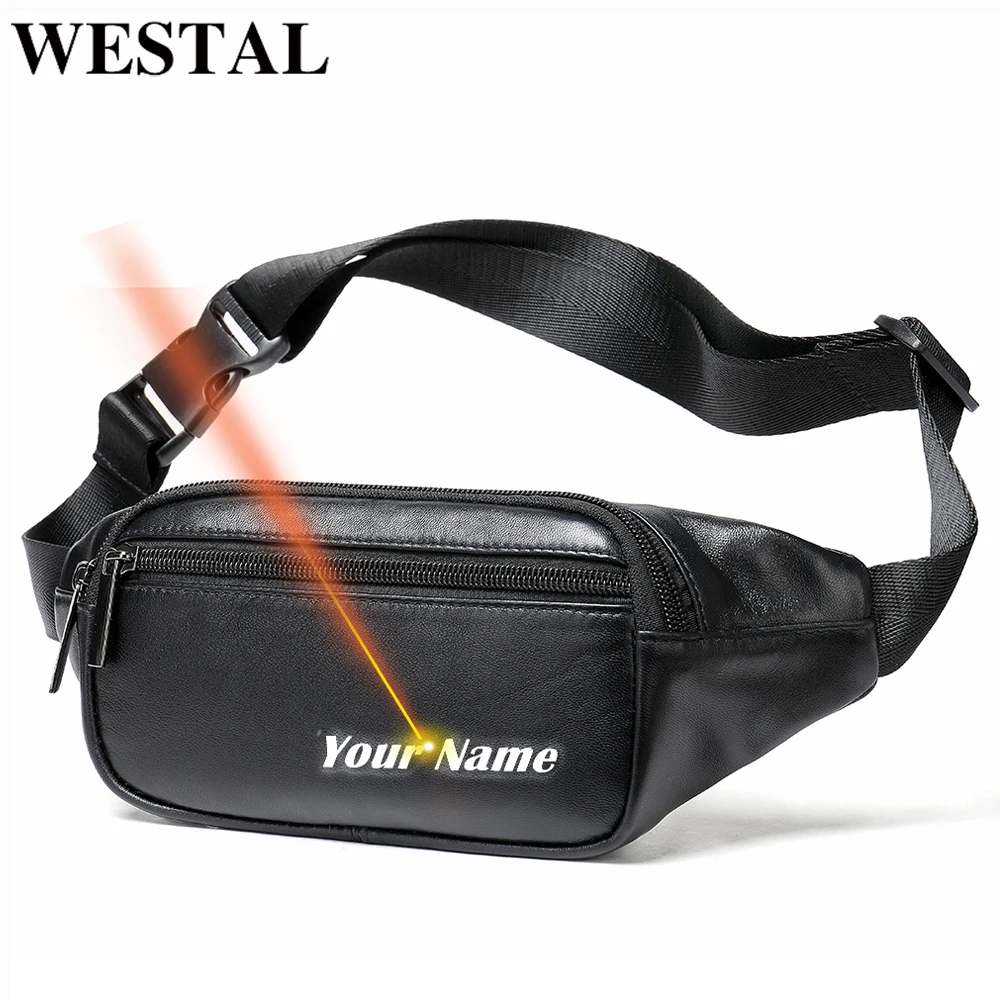 WESTAL-riñonera de cuero genuino de oveja para hombre, bolso de cintura de color negro, de diseñador, 7310