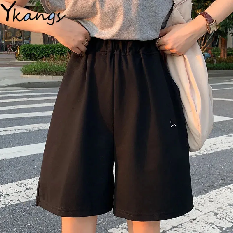 Joggers Women Embroidery Casual Straight Streetwear Shorts Korean Style Elastic High Waist Solid Vintage Harajuku Shorts Female