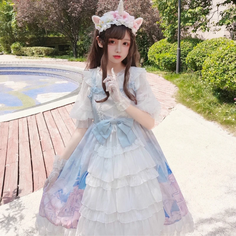 Vestido japonês Lolita JSK para mulheres, babados doces kawaii, sem mangas de fadas, vestidos de noiva princesa para meninas, lindo vestido de festa