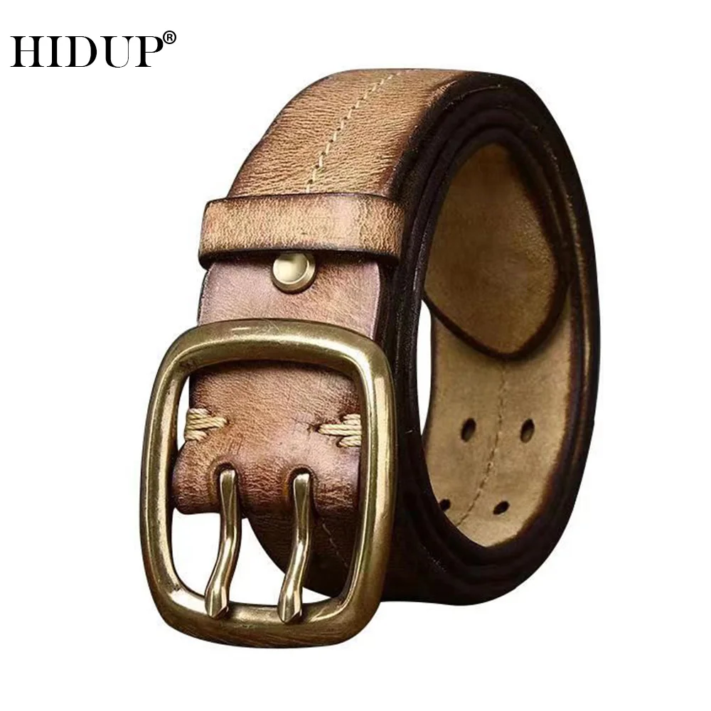 HIDUP Unique Design Brass Double Pin Buckle Metal Retro Style Cowskin Leather Belt Solid Cowhide Belts Jeans Accessories NWJ1090