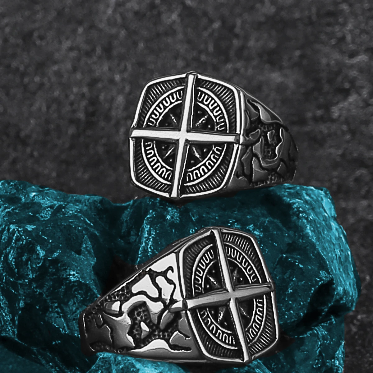 Vikings Cross Nautical Chart Amulet Ring Men\'s Stainless Steel Nordic Rune Ring Gift Biker Punk Hip Hop Jewelry