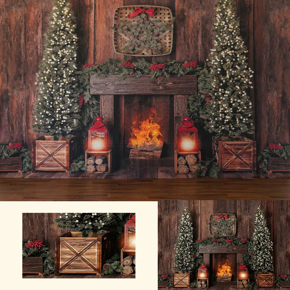 

Christmas Fireplace Wooden Background For Photography Trees Light Backdrop For Photo Booth Children Backgrounds