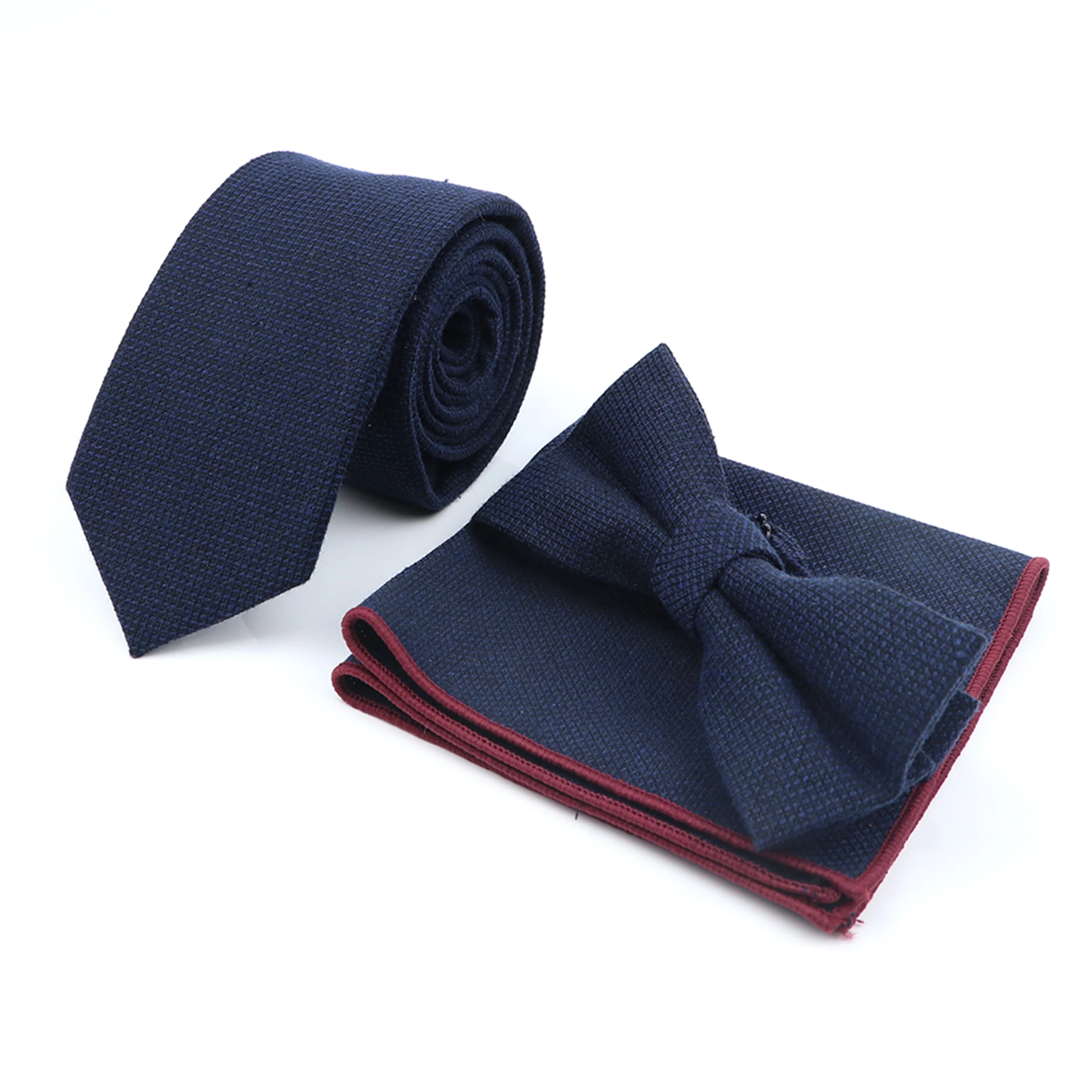 New Solid Color Striped Men Tie Set Casual Cotton Wool Thick Tie Bowtie Pocket Square For Wedding Party Suit Cravat Accessory