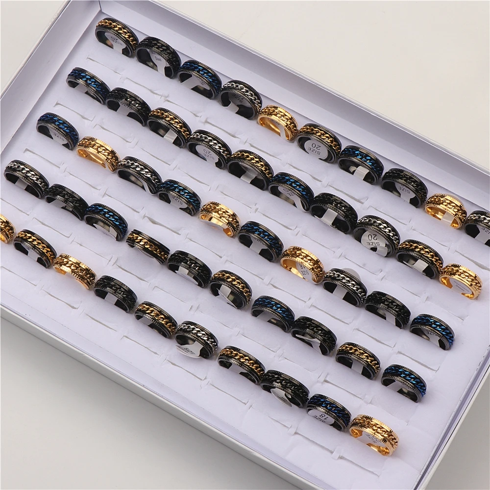 20pcs/lot Cool Chain Stainless Steel Rings Finger Ring For Women Men Jewelry Party Gifts Mix Color Wholesale