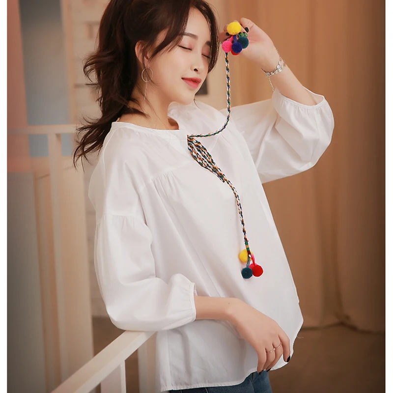 new shirt blouse top white leisure large size loose puff sleeve long v-neck with colorful pompom