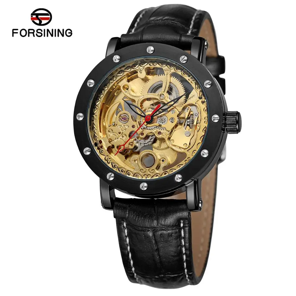 FORSINING Men and women mechanical Watch Circular hollow black belt Mechanical Watch Black watch