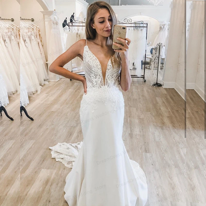 Vestido de casamento sexy sereia decote em v profundo com trem de varredura sem mangas cetim branco cinta de espaguete vestidos de noiva feitos sob encomenda