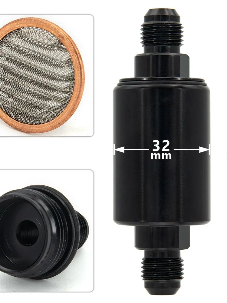 Wysokiej jakości aluminiowy filtr paliwa samochodowego OD 32 mm z elementem filtrującym ze stali 304 o grubości 80 mikronów i złączami AN6 / AN8 FF-01 — zdjęcie 2